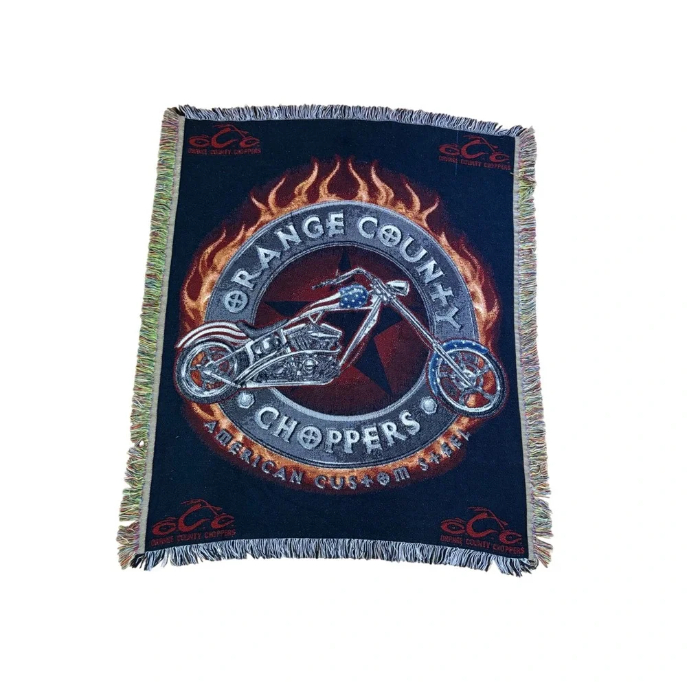 Y2K Orange County Choppers Motorcycle Tapestry Fringe Throw Blanket 53